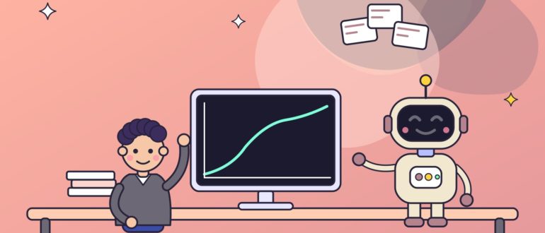 Парень за компьютером показывает роботу карточки с примерами, на экране растёт график обучения, рядом лежит стопка документов